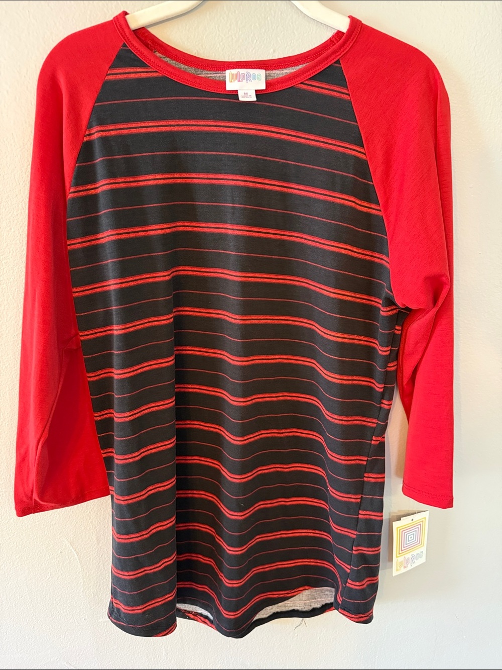 LuLaRoe Red and Black Striped Raglan Tee